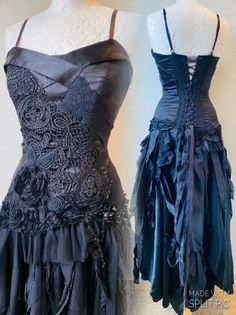 RESERVED Witches  wedding dress in black  , Steampunk wedding dress , Black wedding dress, Black Swan wedding dress in a unique look satin  base fabric covered with lace and guipure . The skirt is tattered fabric in a unique look , The dress has a lace up in the back for adjustments . Just write me if you have any wishes or questions .  Upon order please write your measurements .  BUST WAIST  HIPS  REQUESTED LENGHT FROM TOP SHOULDER.  The dress Will fit sizes . XS , S , M,L ,  And I Will do the Black Swan Wedding, Swan Wedding Dress, Witches Wedding, Steampunk Wedding Dress, Witchy Fall, Antique Wedding Dresses, Witch Wedding, Black Steampunk, Wedding Dress Black