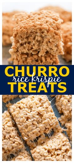 some rice krispy treats are stacked on top of each other with the words churro rice krispie treats