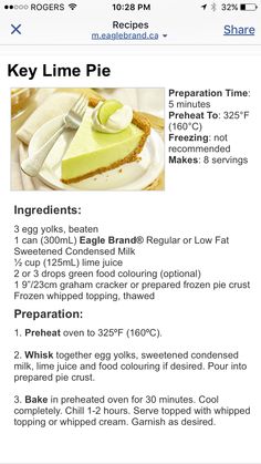 the recipe for key lime pie is shown in this screenshote screen shot,