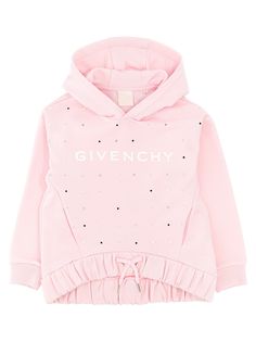 Cotton blend hoodie with front logo print, rhinestone appliqué, kangaroo pocket, long cuffed sleeves, elastic and adjustable drawstring on the hem. Composition: 86% cotton 14% polyester Rhinestone Sweatshirt, Pink Cropped Hoodie, Givenchy Logo, Drawstring Detail, Feminine Fashion, Pink Swarovski, Hooded Tops, Stella Mccartney Kids, Pink Hoodie