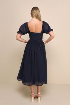 A seasonless piece like the Lulus Flawless Elegance Navy Swiss Dot Puff Sleeve Bustier Midi Dress is ready to impress at every special occasion! Lightweight woven chiffon boasts an array of delicate Swiss dots throughout as it shapes a bustier-inspired bodice with padded cups and supportive boning, a sweetheart neckline, and sheer puff sleeves (with elastic at the shoulders and cuffs). The high, fitted waist tops a twirly, skater-style midi skirt midi hem with an extra layer of tulle beneath, ad Marissa Long, Bustier Midi Dress, Swiss Dot Dress, Lulu Fashion, Skirt Midi, Skater Style, Swiss Dot, Full Skirt, Dot Dress