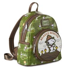 Always be prepared, just like a good Beagle Scout with this Peanuts mini backpack from Loungefly. Beagle Scout Snoopy and his feathered friends decorate this faux-leather mini backpack that's both fashionable and functional. Hallmark exclusive camo-green backpack features a fun print of camping scenes and a canteen-shaped front pocket with embroidered and appliqué details. With side slip pockets, an interior zip pocket and a coordinating print lining of Scout patches, this bag makes the perfect Jansport Backpack Rilakkuma, Peanuts Aesthetic, Senior Backpacks, Snoopy Backpack, Camping Indoors, Fun Backpack, Snoopy Bag, Snoopy Beagle, Disney Tote Bags