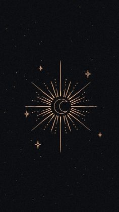 the sun and moon are shining in the dark night sky with stars on each side