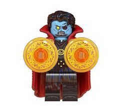 a lego figure with an evil face holding two yellow circles