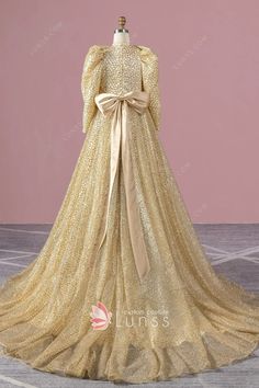 gold sequins long sleeves evening dress with bow