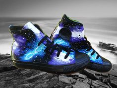 Blue and Purple Galaxy Converse Black High Tops Cool Converse, Galaxy Converse, Galaxy Vans, Purple Galaxy, Style Converse, Converse Black, Black High Tops, Milan Fashion Weeks