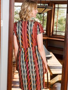 A vibrant, hand dyed ikat dress is the perfect antidote to the dreaded sound of your morning alarm. Pair with heels and a statement necklace and you'll be saying TGIMonday. 100% cotton Hand woven Zips at back Length of size M is 40" from top of bodice Model is 5'9" and wears size XS Made at a fair trade women's coopera Ikat Cotton Dress, Morning Alarm, Handwoven Tapestry, Bella Dress, Ikat Dress, Fair Trade Clothing, Comfy Flats, Everyday Accessories, Fall Wardrobe