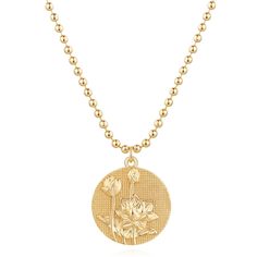 PRICES MAY VARY. Embossed Coin Birth Flower Necklace: Discover our collection of 12 unique designs; each symbolizing a specific month; from January's Carnation to December's Holly; these necklaces celebrate special moments and occasions July Birth Flower Necklace: Lotus symbolizes innocence and purity; the embossed coin necklace with ball chain; 19.5" + 2" extension; and a 19 mm coin pendant; adjustable gold necklace suitable for most women Premium Materials: Made with 14K gold plated over brass Gold Flower Shaped Jewelry For Valentine's Day, Gold Flower-shaped Jewelry For Valentine's Day, Round Charms Jewelry As Gifts, Jewelry Charms For Gifts, Symbolic Gold Flower Pendant Jewelry, Symbolic Gold Jewelry For Birthday, Gold Flower Necklace As Gift, Gold Necklaces With Flower Charm For Birthdays, Gold Birth Flower Necklace For Gifts