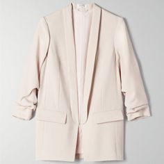 This Is A Relaxed Blazer With Ruched, Gathered Sleeves And A Shawl Collar. It's Made With Terado, A Japanese Fabric That's Matte Crepe On One Side And Satin On The Other. Features Lined Soft Shoulder Padding Materials & Care Content: 82% Triacetate, 18% Polyester Care: Dry Clean Color: Denude Size & Fit Fit: Classic Follows Your Contours With A Little Room Model Is 5'10.5/179 Wearing A Size S On Average, Customers Say It Fits True To Size Elegant Fitted Blazer For Daywear, Feminine Beige Outerwear For Formal Occasions, Tailored Chic Blazer For Daywear, Relaxed Blazer, Aritzia Jacket, Blazer And Skirt Set, Cream Blazer, Aritzia Babaton, Open Front Blazer