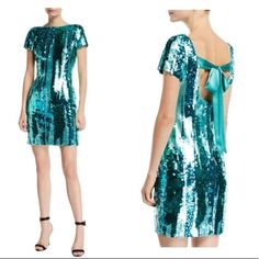 Nwt Aidan Mattox Turquoise Blue Aqua Mint And Teal Green Sequined Cocktail Party Dress W/ Silky Bow Tie - Brand New W Tags !!! Perfect Condition Blue Short Sleeve Dress For Party Season, Fitted Knee-length Mini Dress For Holiday, Blue Mini Dress For Holiday, Blue Mini Dress For Holidays, Fitted Blue Mini Dress For Holiday, Blue Mini Holiday Dresses, Holiday Blue Mini Dresses, Blue Knee-length Dress For Holiday, Holiday Fitted Mini Dress With Sequins