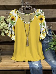 Women's Sunflower Floral Print T-Shirt Casual V-Neck Ruffle Short Sleeve Tee Spring V-neck Stretch T-shirt, Casual Floral Print V-neck Top For Summer, Casual Summer V-neck Top With Floral Print, Spring Floral Print Stretch T-shirt, Stretch Floral Print T-shirt For Summer, Stretch Floral Print V-neck Top, Spring Stretch V-neck T-shirt, V-neck Stretch T-shirt For Spring, Casual Floral Print Short Sleeve V-neck Top