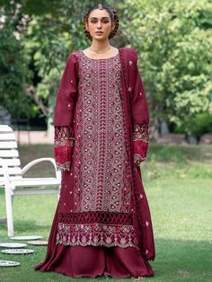 Elegant Embroidered Maroon Pakistani Salwar Kameez Dupatta Salwar Suit Plum Pants, Pakistani Winter Dresses, Winter Shawl, Eid Dresses, Pakistani Salwar Kameez, Festive Collection, Silk Trousers, Dyed Linen, Pakistani Designers