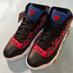 Fila Mb Jamal Mashburn Retro Basketball Shoes Color - Black Blue Red Style - 1bm01742-027 Size - 13 *** Brand New New To Poshmark? Use Code @Iceskatingmom To Get $10 Off Your First Purchase!!! Multicolor Leather Basketball Shoes With Round Toe, Multicolor Leather Basketball Shoes, Multicolor Basketball Shoes With Red Sole For Streetwear, Multicolor Leather Basketball Shoes With Cushioned Footbed, Fila Basketball Shoes, Fila Running Shoes, Mens Sport Sneakers, Black Tennis Shoes, Sneakers Box