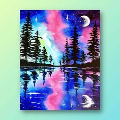 an acrylic painting of the night sky and stars over a lake with trees