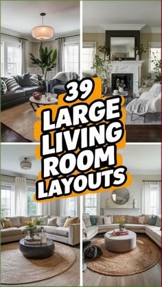 living room layouts with couches, chairs and fireplace in the background text overlay reads 39 large living room layouts