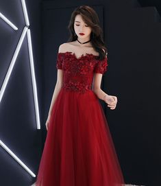 Formal Dresses Burgundy, Short Sleeve Prom Dresses, Prom Dress Burgundy, Dresses Burgundy, 60's Dress, Tulle Evening Dress, Lace Prom Dress, فستان سهرة, Lace Evening Dresses