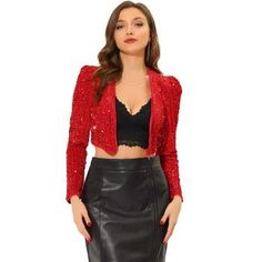 This glitter bomber jacket is fashionable and chic, and it helps you show your unique charming. Lattice-shaped sequins bring fun to this sparkle jacket which you are ready to wear for party night. The Allegra K Sequin Jacket is always a delectable choice! It has a cropped design that easily matches your mini skirt for a fashion look. Fall Fitted Outerwear With Contrast Sequin, Fitted Contrast Sequin Outerwear For Fall, Fitted Outerwear With Contrast Sequin For Party Season, Trendy Cropped Winter Jacket For Party, Trendy Party Outerwear With Zipper Closure, Trendy Cropped Jacket For Party, Fitted Cropped Jacket For Winter Party, Sparkle Jacket, Sequin Jacket