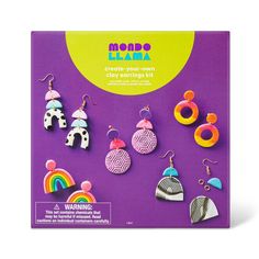 an assortment of earring kits on a purple background with the words world learner create your own polymer earrings kit