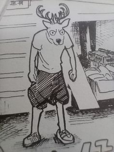 a drawing of a deer with a surfboard in his hand, standing on the floor