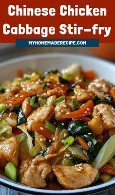 chinese chicken cabbage stir fry in a white bowl