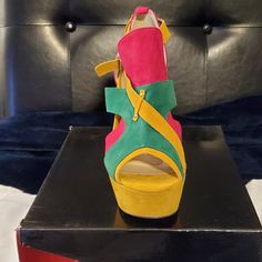 Beautiful Brand New Pink, Green And Mustard Colored Platforms Bold Open Toe Synthetic Sandals, Bold Synthetic Open Toe Sandals, Multicolor Open Heel Wedge Sandals For Party, Multicolor Open Heel Synthetic Sandals, Trendy Multicolor Block Heel Sandals, Multicolor Open Toe Heels, Bold Multicolor Ankle Strap Heels, Multicolor Closed Toe Wedge Sandals For Party, Multicolor Synthetic Open Toe Sandals