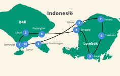 map of the route for bali and lombook in southeast asia, with destinations marked