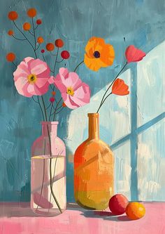 a painting of flowers in a vase next to an empty bottle and oranges on a table