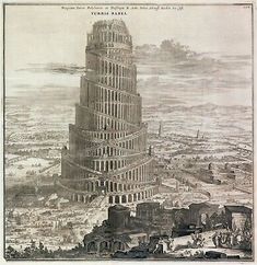 an old drawing of the leaning tower of babel in the middle of the city