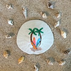 a beach scene with shells and palm trees