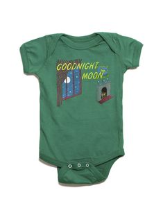 a green bodysuit with the words goodnight moon on it's chest and an open door