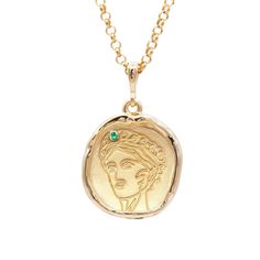 The Gaia Goddess Necklace with Emerald is an ancient-looking coin pendant necklace made from either Solid 14k Gold or 18k Gold Vermeil. It features an ethically-sourced brilliant cut emerald, and the coin medallion has a 1 inch diameter with a wax-seal finish. It is complemented by an 18 inch rolo chain. Ethically and sustainably made from recycled gold and conflict-free gemstones. Goddess Of Motherhood, Common Era, Gaia Goddess, Earth Necklace, Cosmic Egg, Goddess Necklace, Gold Coin Necklace, Coin Pendant Necklace, Medallion Necklace