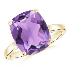 An intense purple cushion amethyst sits in a four-prong setting, on a lustrous 14k yellow gold shank. The diamonds on the gallery lend a hidden hint of sparkle to this classic solitaire ring. Purple Cushion, Classic Cushions, February Birthstone Jewelry, Classic Solitaire Ring, Purple Cushions, Contemporary Ring, Rings For Girls, February Birth Stone, Classic Ring