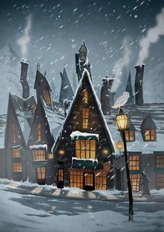 a house in the middle of a snowy night with lights on it's windows