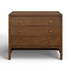 the chest of drawers is made from wood and has brass knobs on each drawer