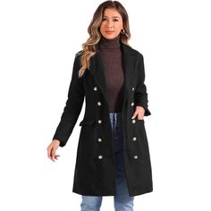 The double-breasted closure of this coat offers both functionality and style. You can wear it buttoned up for a more formal and polished look or leave it partially open for a relaxed and casual vibe. Designed for warmth and comfort, this coat is perfect for the winter season. The mid-long length offers excellent coverage, keeping you cozy and protected from the elements. Pair it with tailored pants and a blouse for a sophisticated office look. Layer it over a dress or skirt for a feminine and el Elegant Double-breasted Outerwear For Fall, Winter Double-breasted Blazer With Hidden Buttons, Fitted Double-breasted Outerwear With Buttons, Fall Double-breasted Wool Coat With Button Closure, Office Tailored Double-breasted Outerwear, Winter Long Coat Blazer With Button Closure, Winter Double-breasted Wool Coat With Button Closure, Winter Business Casual Blazer With Buttons, Double-breasted Fall Outerwear