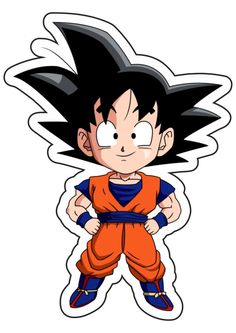 a cartoon character with black hair and an orange outfit, standing in front of a white background