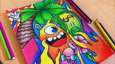 a drawing of a cartoon character on a wooden table with colored pencils and markers