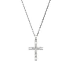 This cross pendant boasts a distinctive pattern and is adorned with 16 laboratory-grown diamonds arranged in the shape of a cross. Its minimalist style and unique details make it a standout piece. Available in gold and silver tones. Chain optional. | Necklace sold separately. | Dimension:16-18inch| Metal Purity: Hypoallergenic Metal And Lab-grown Diamond | Stone: White Lab-Grown-Diamonds | Color: D,E,F | Clarity: VVS | Carat Weight: 0.16cts | Carbon Emission: 0% White Gold Crucifix Necklace With Vvs Clarity, White Gold Cross Necklace With Diamond Cut Pendant, Luxury Diamond White Cross Pendant Necklace, Luxury Diamond White Cross Necklace, Diamond Cut Cross Pendant Necklace, Luxury Diamond Cut Cross Pendant Necklace, White Gold Diamond Crucifix Cross Necklace, White Gold Cross Necklace With Brilliant Cut, White Gold Brilliant Cut Cross Necklace