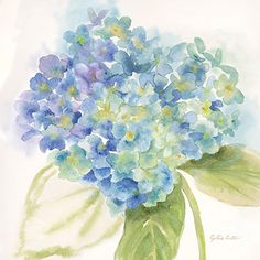 a painting of blue flowers with green leaves