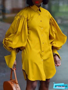 Long Puff Sleeve Button Down Shirt Dresses Top Azul, Stand Collar Shirt, Button Shirt Dress, Straight Clothes, Puff Sleeve Shirt, Fitted Maxi Dress, Button Down Shirt Dress, Solid Color Shirt, Turndown Collar