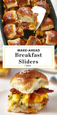 an egg and bacon breakfast slider is shown with the words make - ahead breakfast sliders