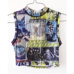 Comes As Pictured Colorful Comic Racing Theme Graphic Print Mesh Crop Top Material: 82% Nylon, 18% Spandex Woman's Size: Medium Great To Wear For A Special Event Like Comic Con Or Concert, For Working Out At The Gym Or Doing Yoga, Or Just Wear Casually! Y2k Summer Top With Character Print, Summer Streetwear Tops With Character Print, Summer Tops With Character Print For Streetwear, Y2k Style Character Print Summer Top, Trendy Stretch Tops With All Over Print, 90s Graffiti Print Summer Tops, Trendy Graffiti Print Summer Tops, Retro Summer Tops With Character Print, 90s Inspired Graphic Print Crop Top For Summer