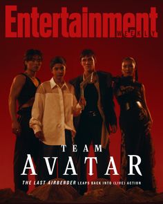 an advertisement for the movie's avatar, featuring three men standing in front of a red background