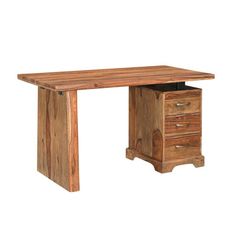 a wooden desk with two drawers on each side and an open drawer at the top