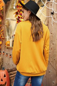 Ghosts Halloween Print Drop Shoulder Sweatshirt Yellow Long Sleeve Tops For Fall, Yellow Long Sleeve Sweatshirt For Fall, Yellow Crew Neck Top For Fall, Casual Yellow Top For Halloween, Orange Crew Neck Top For Fall, Orange Crew Neck Hoodie For Fall, Casual Crew Neck Halloween Sweater, Casual Halloween Crew Neck Sweater, Halloween Long Sleeve Hoodie With Relaxed Fit