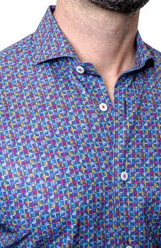 A colorful print adds retro-cool style to a wrinkle-free, quick-drying Italian-cotton shirt tailored for a fit that's in between trim and regular. Spread collar Long sleeves with button cuffs 100% cotton Machine wash, dry flat Made in Turkey Blue Shirt With Colorful Pattern For Summer, Summer Blue Shirt With Colorful Pattern, Fitted Multicolor Print Short Sleeve Shirt, Blue Cotton Shirt With Geometric Pattern, Fitted Multicolor Shirt With Vibrant Print, Blue Collared Shirt With Geometric Pattern, Multicolor Vibrant Print Button-up Shirt, Blue Geometric Pattern Collared Shirt, Fitted Multicolor Vibrant Print Shirt