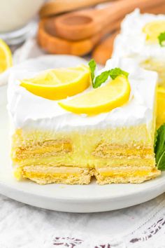 a slice of lemon cake on a white plate