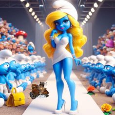 the smurfs are walking down the runway in front of many blue men and women