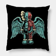 a pillow with an image of a skeleton holding a human body and wings on it