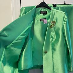 New 3-Piece Suit, Size 20, Beautiful Green W/ Rhinestone Pendant And Button, Fully Lined, 100% Polyester Green Fitted Elegant Sets, Elegant Spring Sets With Buttons, Green Fitted Evening Suit, Tailored Silk Party Sets, Elegant Green Suits With Button Closure, Elegant Spring Sets With Button Closure, Elegant Long Sleeve Sets With Buttons, Elegant Long Sleeve Sets With Button Closure, Green Skirt Suit For Spring Party